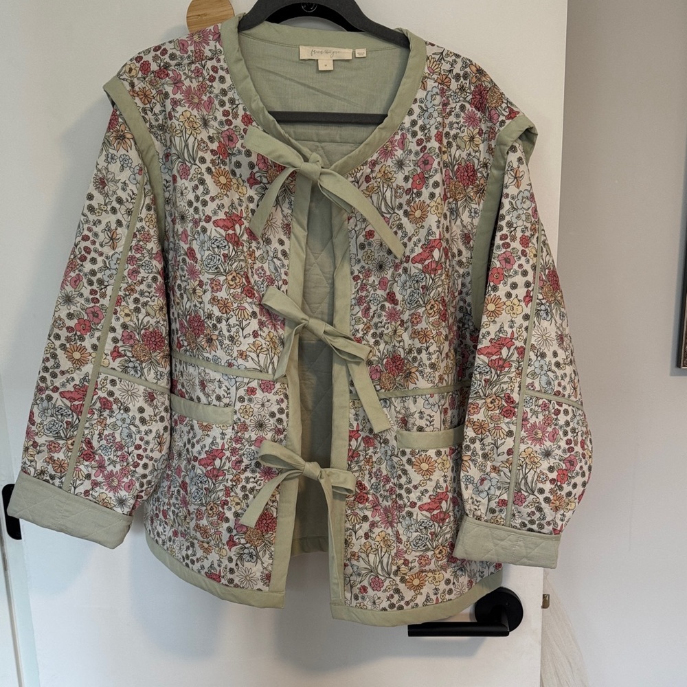 Anthropologie Floral Quilted Tie-Front Jacket / Vest - Sage Trim